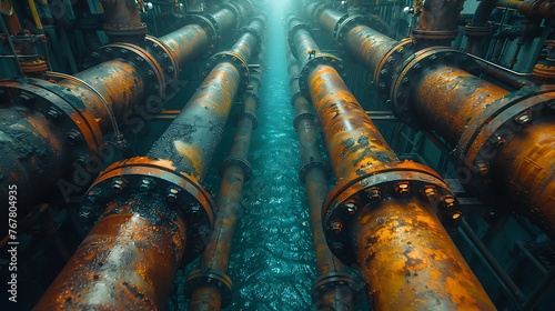 Countless pipes, valves, industrial, no free space, overcrowded photo