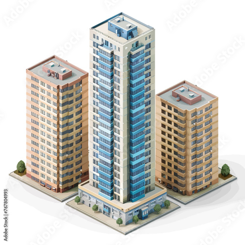 three tall buildings with a parking lot in front of them