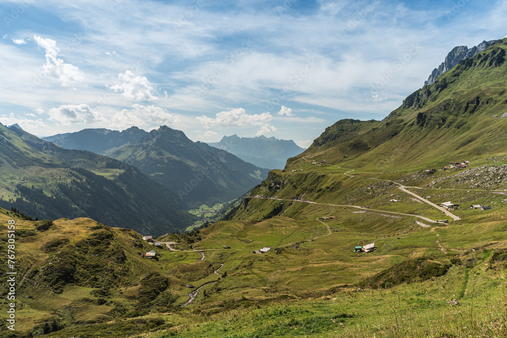 Mountain landscape and pass road at Klausen Pass, Unterschaechen, Canton of Uri, Switzerland