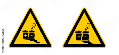 Stop battery acid, leaking batteries. Electrical voltage warning. Dangerous batteries warning sign or icon. Battery leak symbol. Safety, broken battery. Rechargeable electricity. No toxic fumes.
