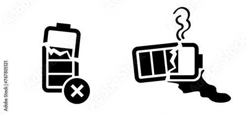 Empty alkaline, battery acid, leaking batteries. Electrical voltage warning. Dangerous batteries warning sign or icon. Batterie leak symbol. Safety, broken old battery. No toxic fumes.