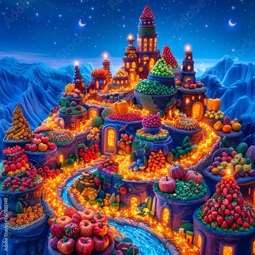 A futuristic cityscape made entirely of food sources rich in antioxidants and phytonutrients, with glowing pathways of dietary fibers connecting each structure