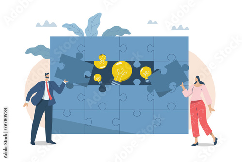 Collaborative problem solving, Business people working together to complete a jigsaw puzzle, Coming together to generate good ideas, Team brainstorming together. Vector design illustration.