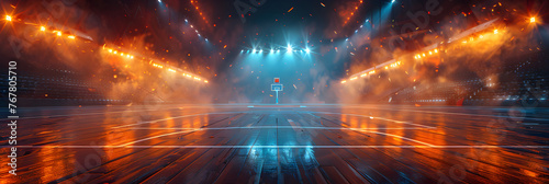 Arena Basketball Stadium Background Spotlight,
Futuristic symmetry and reflection abstract background with orange and blue neon lights
 photo