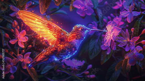 A glowing hummingbird painting a neon mural, blending art with natures agility, in a vivid, surreal garden