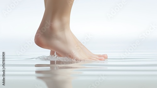 A woman's foot is in the water, and the water is reflecting her foot
