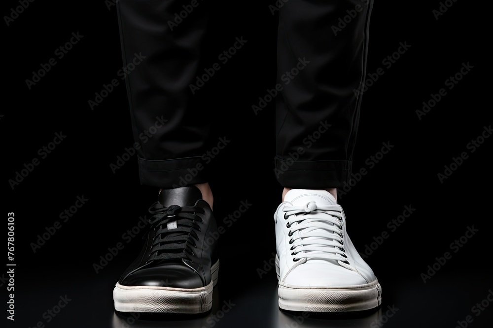 Two shoes, one black and one white, are shown side by side. The black shoe is a sneaker, while the white shoe is a loafer. Concept of contrast and individuality