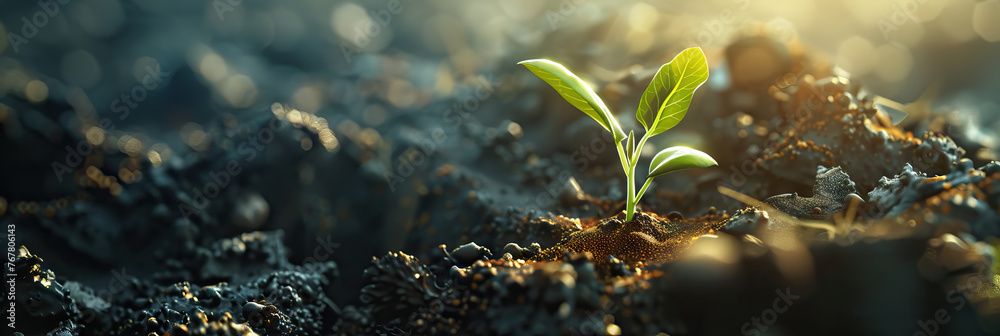 Macro view of a seedling breaking through the soil, representing hope, growth, and new beginnings - obrazy, fototapety, plakaty 