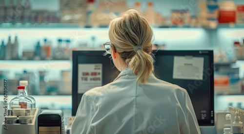 A blonde female elderly pharmacy manager is standing at the counter in front of her computer, wearing glasses and a medical white coat with a work badge on it, inside a modern hospital drug store