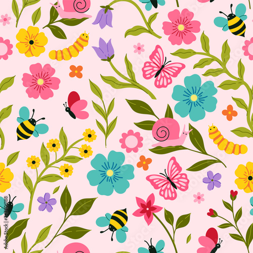 Seamless pattern with cute caterpillars  butterflies and bees and flowers. Vector graphics.