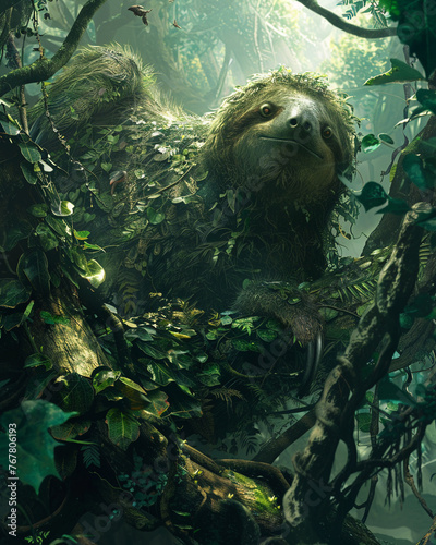 Emerald Guardian: A Sloth Camouflaged in the Lush Rainforest