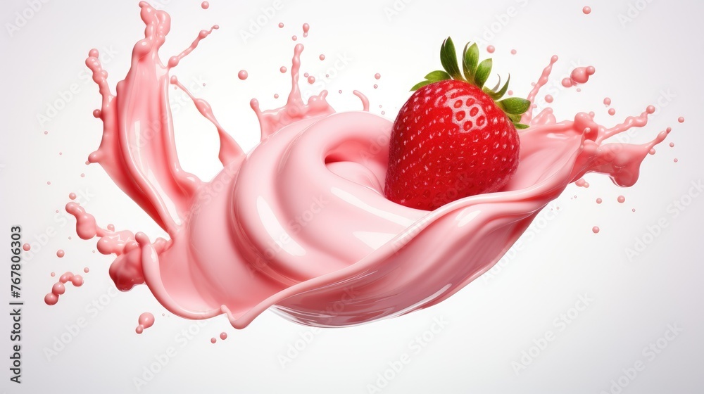 A strawberry is floating in a pink swirl of milk A strawberry is floating in a pink swirl of milk
