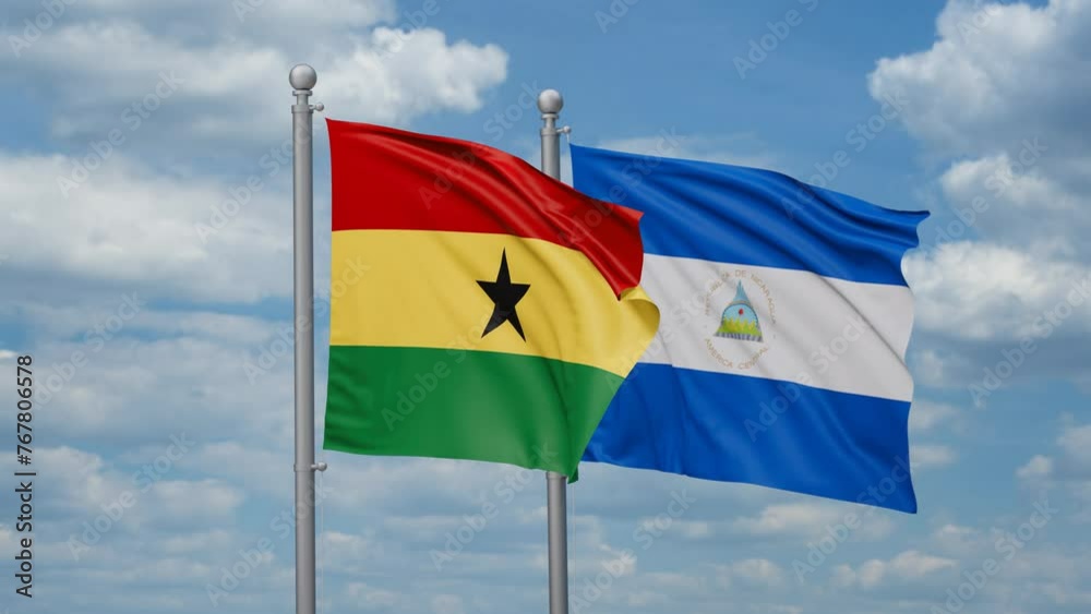 Nicaragua and Ghana two flags waving together, looped video, two country relations concept Nicaragua and Ghana two flags waving together, looped video, two country relations concept