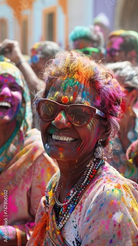 An elderly woman with a joyous expression, covered in vibrant colors, celebrates the Holi festival in India. 
