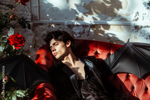 handsome man with black hair and blue eyes, dressed in an all-black satin suit, he has black bat wings, lies on velvet red sofa between two red rose bushes, against the background of white old wall photo