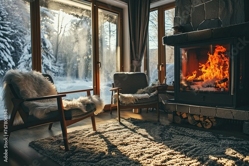 A cozy living room with a fireplace and two chairs. The chairs are covered in fur and the room is filled with natural light