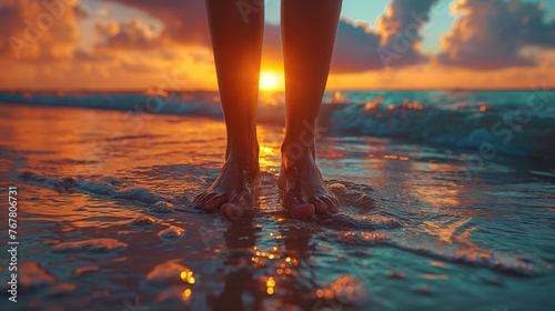 Closeup of feet on beach, with sunset reflections illuminating the water