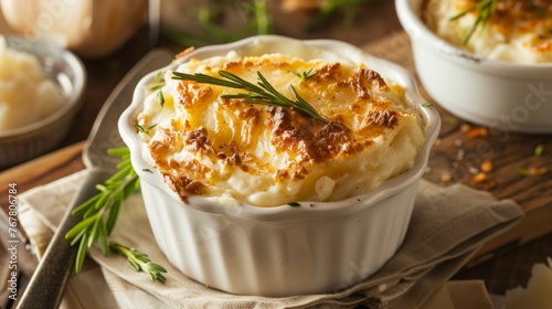 Bowl of Mashed Potatoes With Rosemary Sprig