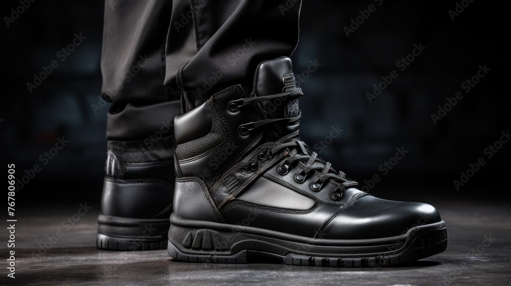 black work boots made of leather with reinforced cape