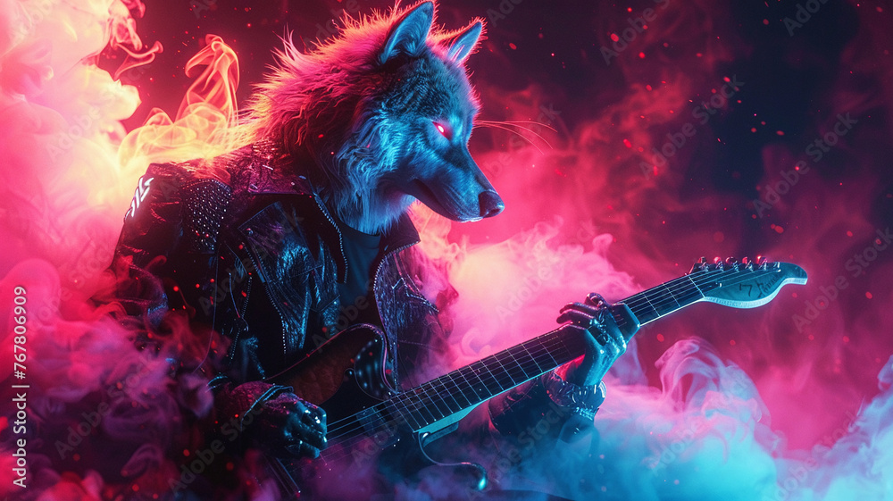 An illuminated wolf playing electric guitar in a neon rock concert, blending music with wild energy, in a vibrant, thrilling setting