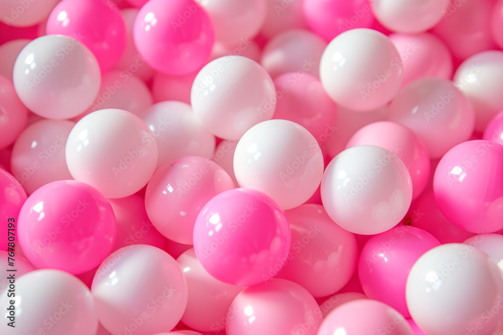 A bunch of pink and white balls are piled on top of each other. The pink and white balls are arranged in a way that creates a sense of depth and texture. The image conveys a playful and fun mood A bunch of pink and white balls are piled on top of each other. The pink and white balls are arranged in a way that creates a sense of depth and texture. The image conveys a playful and fun mood