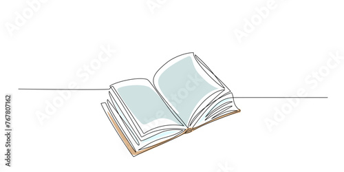 Continuous single line drawing of open book. One line of notebook with flying pages with color shape. Hand drawn sketch Concept of study, knowledge, education, back to school. Vector editable stroke