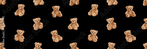 Cute cartoon bear doll background for babies and children. Fluffy soft stuffed toys seamless pattern. Little teddy bears vector illustrations in trendy style. Beige and brown colors. (ID: 767807195)