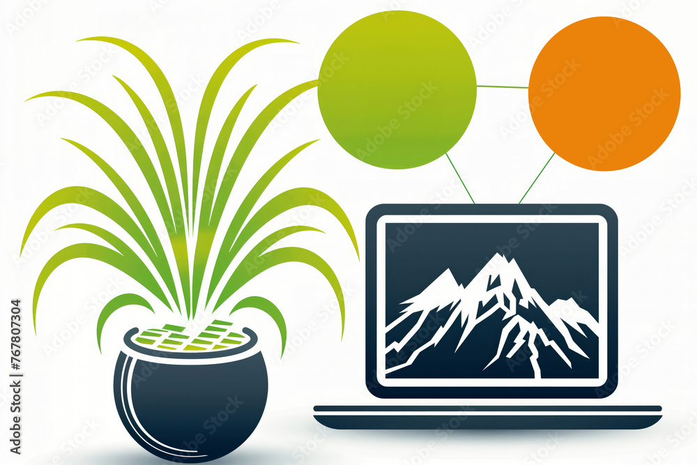 Fototapeta premium Laptop and pot flower illustration on white background for presentation