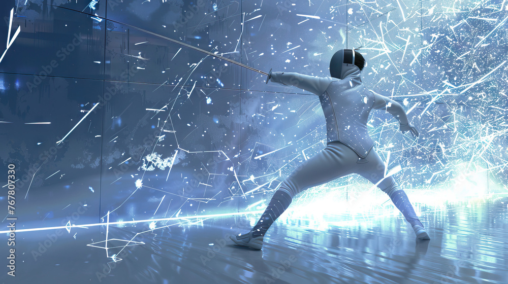 Fencing - Sabre: A fencer lunging with a sabre sword in a fencing bout