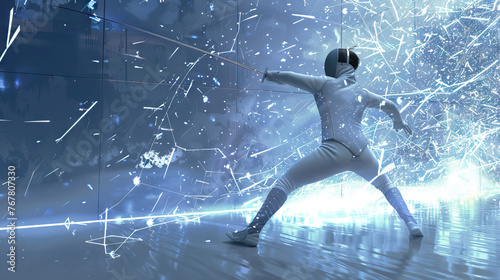 Fencing - Sabre: A fencer lunging with a sabre sword in a fencing bout © Lila Patel