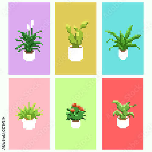 set of plant pixel art,  8 bit 16 bit game retro, different plant in pot