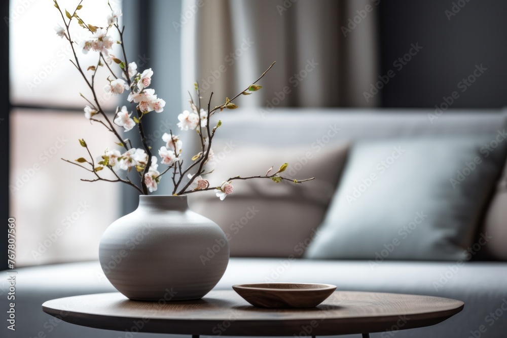 ceramic vase with blossom twigs on round wooden coffee table against grey sofa