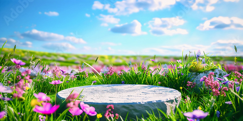 Round white stone for product presentation in spring field surrounded by flowers, podium, display, pedestal mock, showcase banner, template