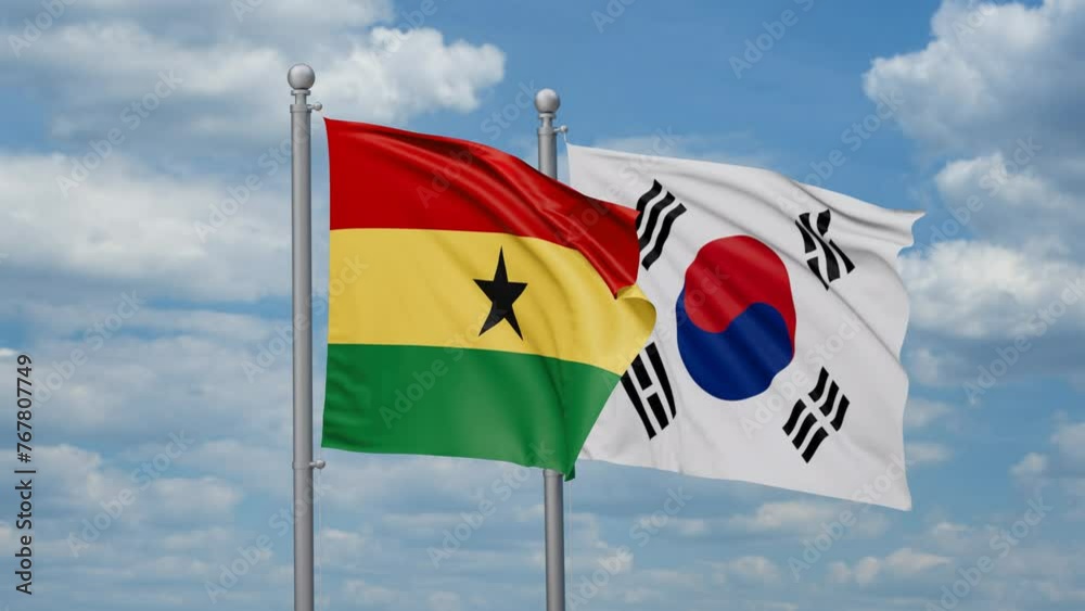 South Korea or Republic of Korea or ROK and Ghana two flags waving together, looped video, two country cooperation concept South Korea or Republic of Korea or ROK and Ghana two flags waving together, looped video, two country cooperation concept
