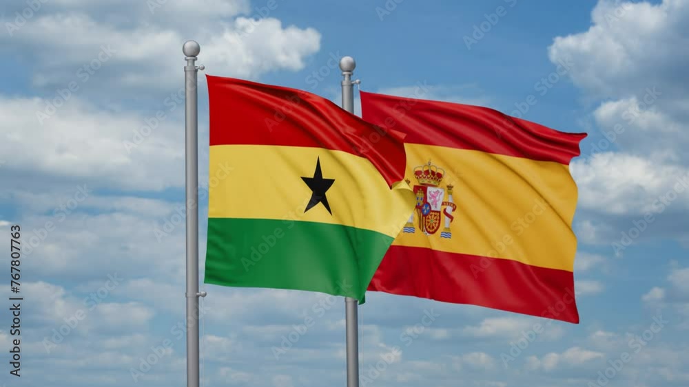 Spain and Ghana two flags waving together, looped video, two country cooperation concept Spain and Ghana two flags waving together, looped video, two country cooperation concept
