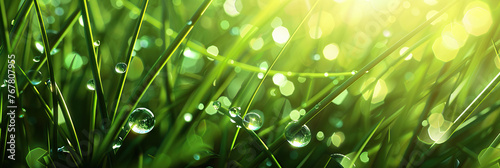 Dewdrops on blades of grass, representing renewal and the start of a new day.