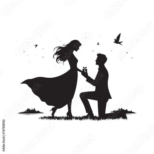 Vector Silhouette of Couple Proposing: Romantic Gesture Captured in Silhouette, proposing couple vector stock.