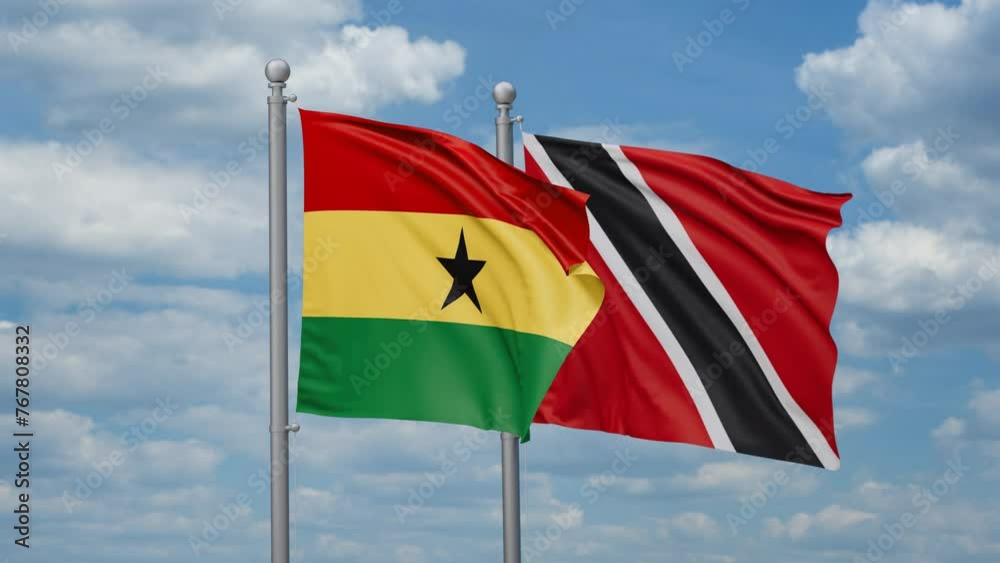 Trinidad and Tobago and Ghana two flags waving together, looped video, two country cooperation concept Trinidad and Tobago and Ghana two flags waving together, looped video, two country cooperation concept