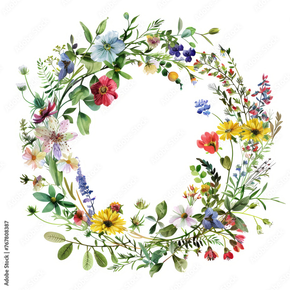 Vibrant watercolor wreath of wildflowers and greenery, adding a touch of nature Vibrant watercolor wreath of wildflowers and greenery, adding a touch of nature
