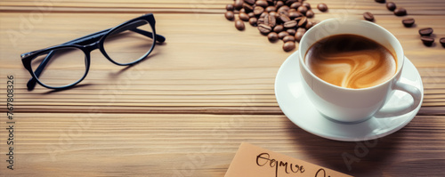 Cup of Coffee with glasses and pen on wooden table.