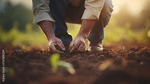 Male hands touching soil on the field expert hand of farmer checking soil health ecology concept