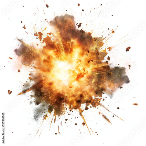 supernova explosion, with bright shockwaves and debris expanding outward against a clean white background. photo