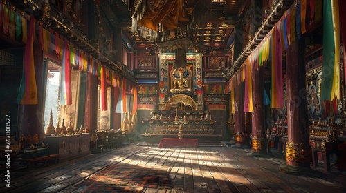 Inside a traditional Tibetan monastery, with prayer flags fluttering in the mountain breeze, and saffron-robed monks chanting in the dimly lit prayer hall. photo