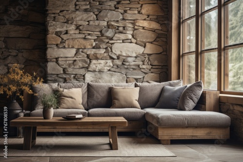 sofa against window in room with stone cladding walls.