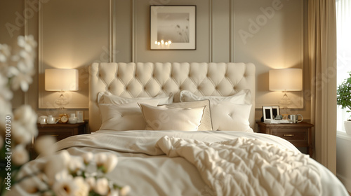 hotel room with bed, Close up of bedside cabinet near bed with beige bedding. French country interior design of modern bedroom , Ai