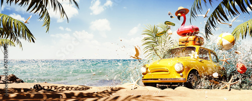 Summer travel concept. Yellow car emerging from sea water with summer accessories on beautiful sand beach. 3D Rendering, 3D Illustration