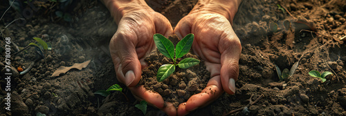 Close-up of hands planting sapling in fertile soil. Environmental conservation and growth photo
