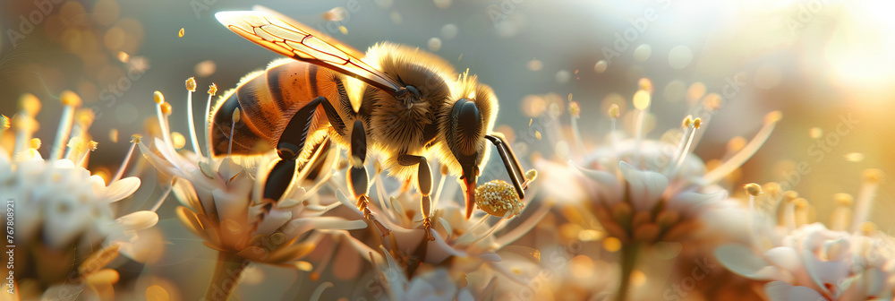 Close-up of bee collecting pollen from blooming flower. Nature and pollination - obrazy, fototapety, plakaty 