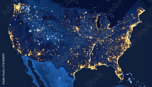 Illuminated USA map with a network of lights - Highly detailed map of the United States glowing with lights, depicting the connectivity and infrastructure across the country photo