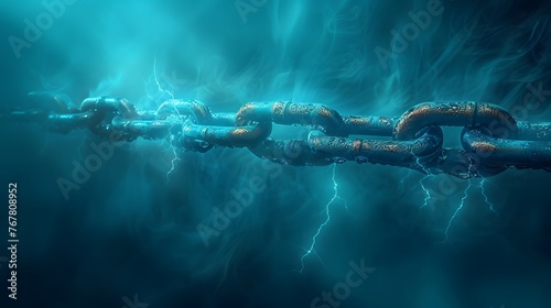 Dramatic Rusty Chains Breaking Amidst Lightning: Symbolizing Freedom and Escape